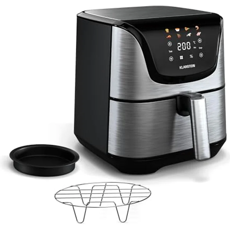 Klarstein AeroVital Deluxe Heißluftfritteuse 5,4L Airfryer 1700W Touch-Display 8 Programme Antihaftbeschichtung Grillrost & Pizzablech Cooltouch-Gehäuse Timer & Temperaturkontrolle Edelstahl – Bild 1