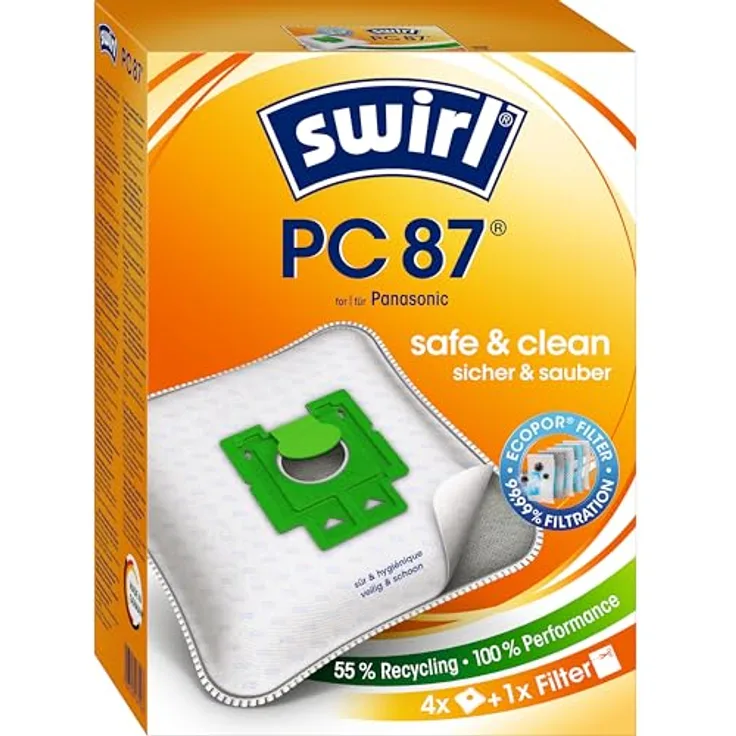 Swirl PC 87 MP Plus AirSpace, Staubsaugerbeutel mit MicroPor Plus Anti-Allergen Filtration, 4 Stück