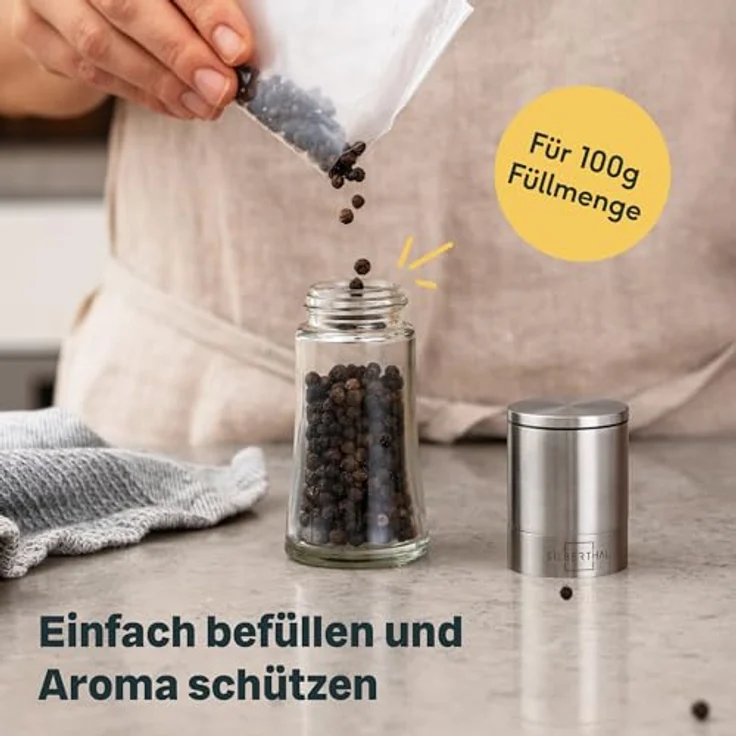 SILBERTHAL Salz und Pfeffermühle Set - verstellbares Keramikmahlwerk - Gewürzmühlen aus Glas und Edelstahl - Unbefüllt & Nachfüllbar – Bild 4