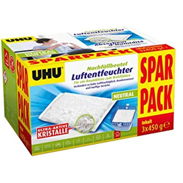 UHU Luftentfeuchter Nachfüllbeutel Sparpack, 3 x 450g - Effektive Feuchtigkeitsbekämpfung und geräuschloser Betrieb – Bild 3