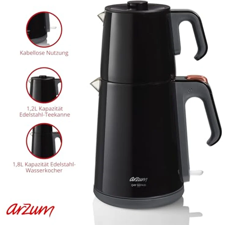 Arzum AR3080-S Çay Sefası Tea Machine in Schwarz, 1.8L stoneless steel kettle, 1.2L stoneless steel teapot, 360° rotation – Bild 4