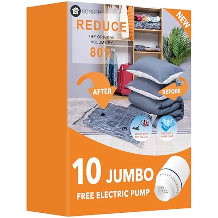 GONGSHI Vakuumbeutel Jumbo-Set für Kleidung, Bettdecken & Kissen, 10 Beutel mit elektrischer Pumpe, luftdicht und wiederverwendbar, platzsparend für Reise und Lagerung – Bild 1
