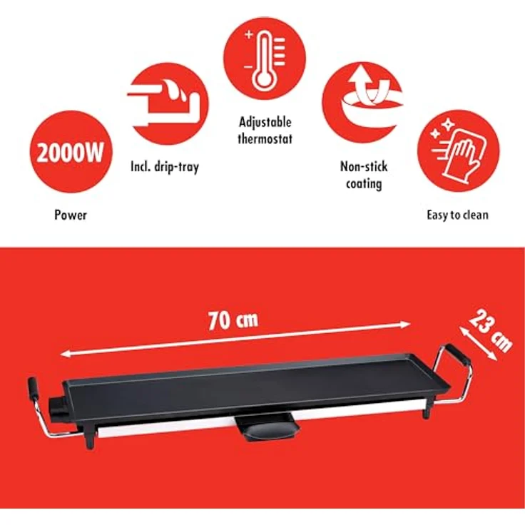 Alpina Teppanyaki Grill - Tischgrill 230W - 70 x 23CM - Plancha Grillplatte 2000W - mit Antihaftbeschichtung - Einstellbarer Temperatur - Schwarz – Bild 2