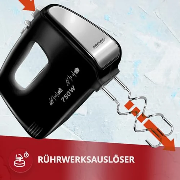 MPM MMR-19/C Handmixer 750 W, 5 Geschwindigkeitsstufen, Turbo-Funktion, 2 Aufsatzpaare, Aufsatzsperre, ideal zum Rühren und Kneten – Bild 6
