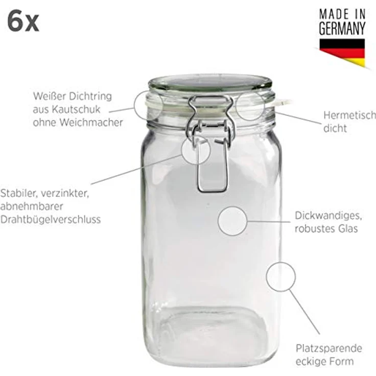 MÄSER 925343 Gothika, Einmachgläser groß, 6er Set à 2,5 l, made in Germany, Vorratsgläser mit Deckel und Drahtbügel zum luftdichten Aufbewahren, Einkochen und Einlegen, Glas, transparent – Bild 3