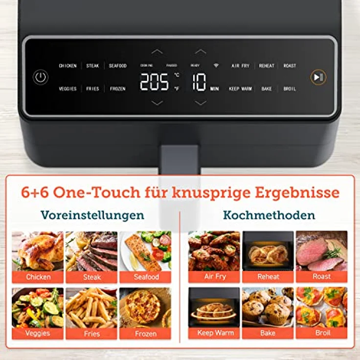 COSORI Heißluftfritteuse XXL, Dual Blaze, 6,4 L(1.81kg) Wifi verbunden, Airfryer mit 12 Multifunktionen, 90+ Online Rezept & Rezeptbuch, Full Touch Screen, 1700W, Dunkelgrau – Bild 5