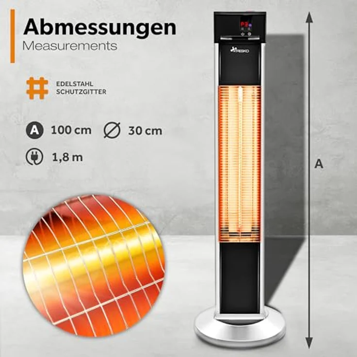 TRESKO Infrarot Stand-Heizstrahler 2000W mit Fernbedienung | Wärmestrahler Terrasse elektrisch mit 3 Heizstufen | Terrassenstrahler Innen & Außen | Infrarotstrahler mit LED-Anzeige - Preisvergleich – Bild 5
