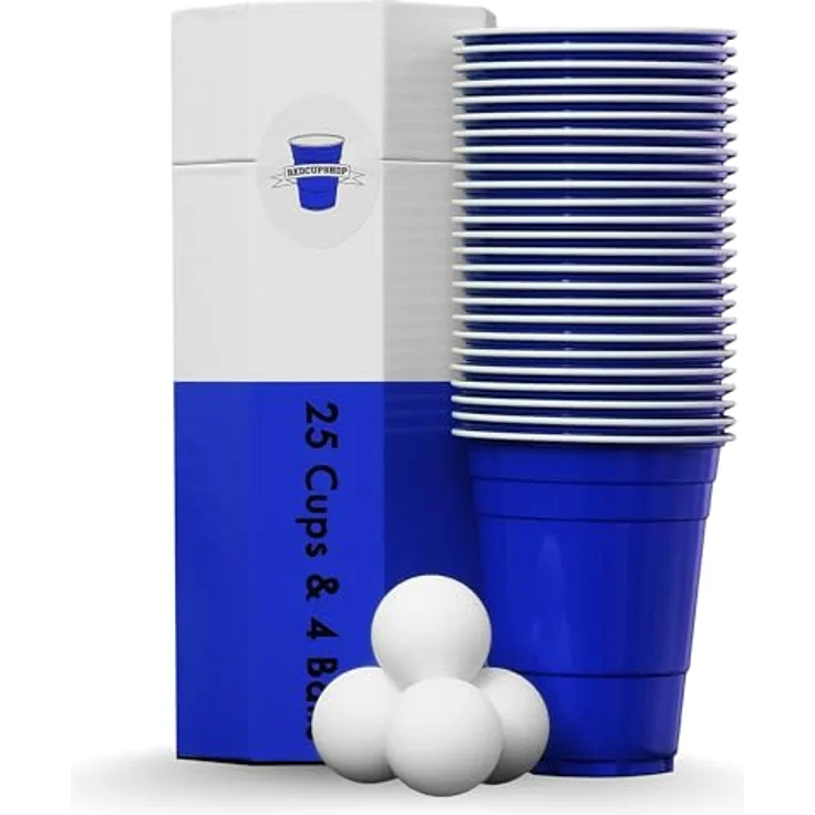 RedCupShop® Blue Cups, 25 blaue Partybecher & 4 Bälle, spülmaschinenfest, wiederverwendbar, 473ml, ideal für Beer Pong und Events – Bild 1
