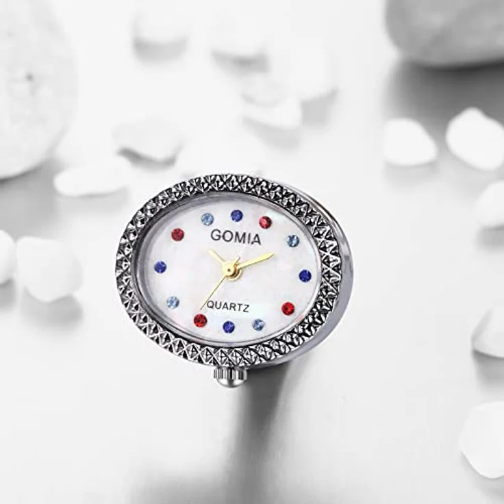 JewelryWe Ringuhr Damen Analog Quarz Uhr mit ovalem Strass Muschel Zifferblatt, verstellbar, Silber – Bild 4