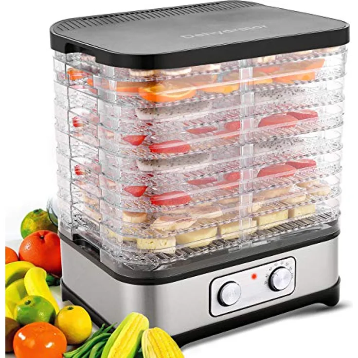 Dörrautomat Dehydrator Dörrapparat mit Temperaturregelung, 8 Etagen abnehmbare Dörrgerät, Temperaturregelung 35-70℃ für Fleisch, Früchte, Gemüse und Nüsse, 400W, Button, BPA-frei