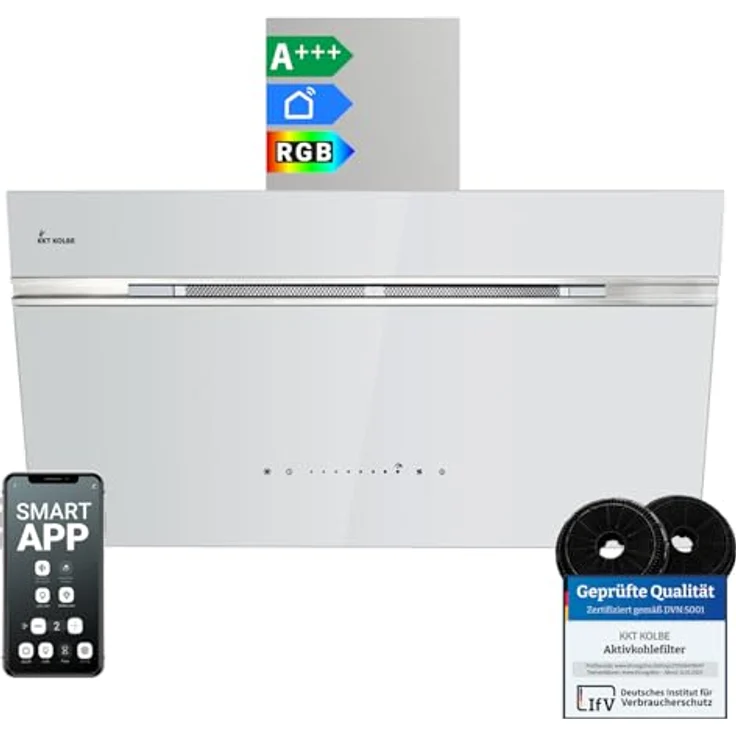 KKT KOLBE A+++ Dunstabzugshaube AURORA9005WED, 90 cm, 782 cbm/h, kopffrei, Weiß Silber Glas, mit Smart WiFi, SensorTouch und RGBW LED-Beleuchtung – Bild 1