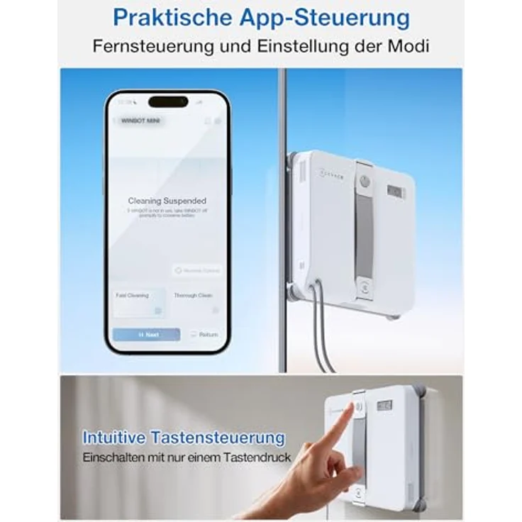 ECOVACS WINBOT Mini 2, Fensterputzroboter mit Appsteuerung, 50ml Wassertank, 230ml Reinigungslösung, Bürsten an allen Ecken, 3,5m Kabel – Bild 9