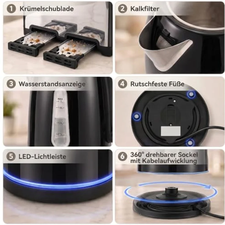 HOMCOM Wasserkocher und Toaster Set, Schnellkoch-Wasserkocher 1,7 l und 4-Scheiben-Toaster, Schwarz – Bild 8