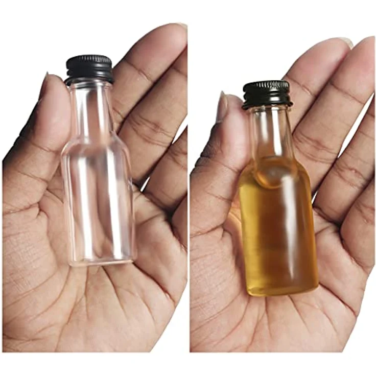 BELLE VOUS Kleine Schnapsflaschen (48er Pack) - 25ml - Wiederverwendbare Kleine Flaschen zum Befüllen aus Kunststoff mit Schwarzem Schraubverschluss, Flüssigkeitstrichter zum Ausgießen & Befüllen – Bild 5