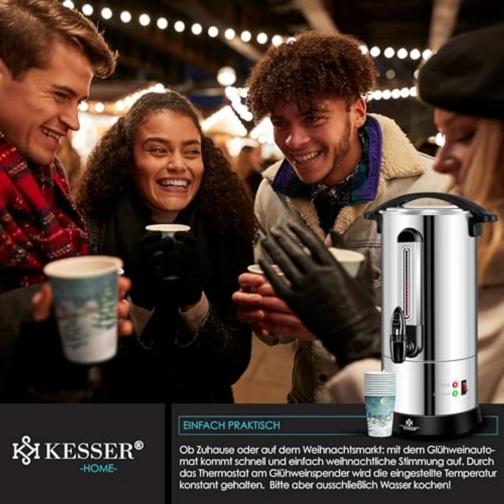 KESSER Glühweinautomat 6,8L Edelstahl, Heißgetränke- und Einkochautomat mit 1800 W, Thermostat 30-100°C, Auto-Erhitzen & Warmhalten, inkl. 10 Bechern mit Wintermotiv – Bild 6