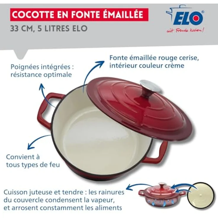 ELO 3073326 Schmortopf aus emailliertem Gusseisen antihaftbeschichtet mit Deckel, kirschrot, backofengeeignet, Kochtopf für alle Herdarten, Kochtopf Induktion, 33 cm, 5 l, 4-6 Personen - ELO Schmortopf 33 cm, 5 l, kirschrot, antihaftbeschichtet, für Herd und Backofen geeignet – Bild 2