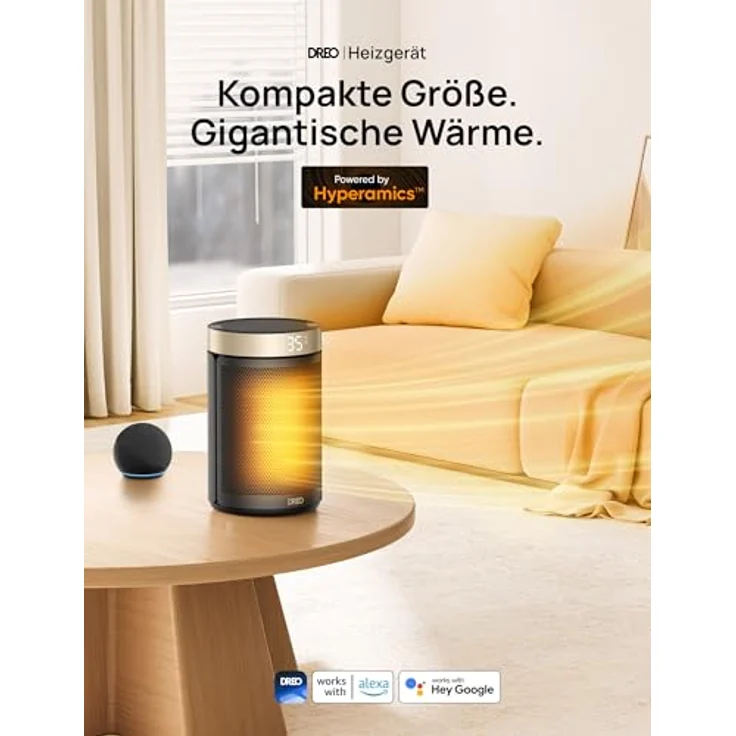 Dreo Heizlüfter Atom 316, 1500W ceramischer Raumheizer mit Thermostat, 3 Modi, 12h Timer, Überhitzungs- und Kippschutz, gold – Bild 3
