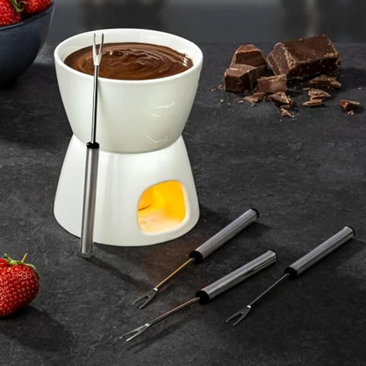 Bambelaa! Schokoladen Fondue Set, 4 Gabeln, Porzellan, weiß, für Schokolade und Schmelzkäse – Bild 2