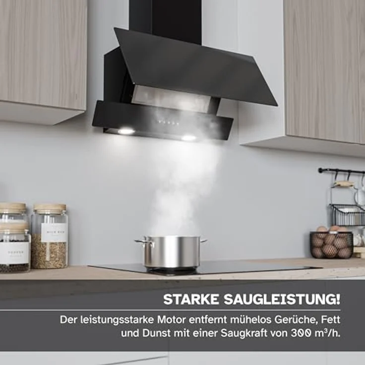 Heinrich´s HEINRICHS Dunstabzugshaube, 60cm Abluft/Umluft, 300m³/h Saugkraft, LED Beleuchtung, Aktivkohlefilter, 69W Leistung, Schwarz – Bild 3