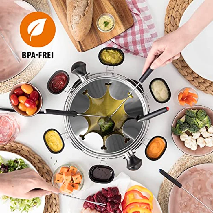 Tristar Fondue-Set für bis zu 8 Personen, 1,3 Liter Fassungsvermögen, inklusive Edelstahlgabeln und Saucenring, 1400 Watt, FO-1109, Silber, Schwarz – Bild 5