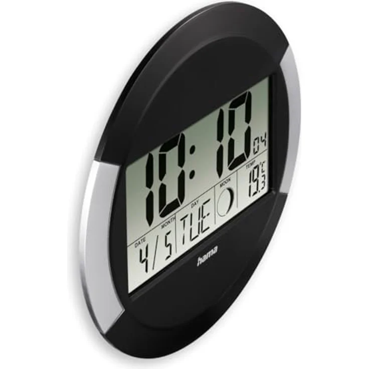 Hama Wanduhr Digital mit Funk (Funkuhr ohne tickgeräusche, LCD-Display, Thermometer, Kalender, Mondphase) schwarz- Silber – Bild 4