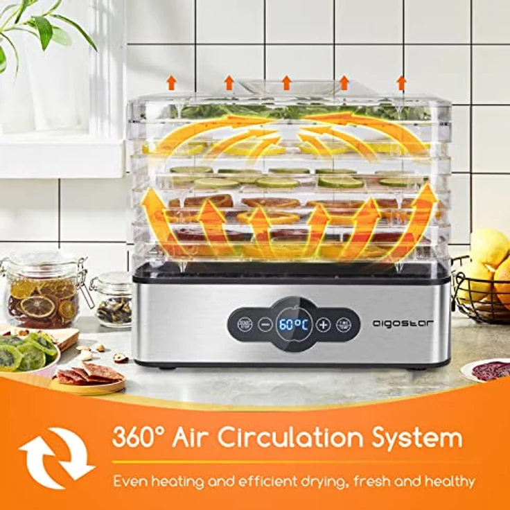 Aigostar Crispy - Dörrautomat, Dörrgerät mit Temperaturregler, 240W, 35-70°C, 99h-Timer, 5 Einlegefächer, Dörrautomat Edelstahl für Fleisch, Obst, Gemüse, Dehydrator - BPA frei – Bild 3