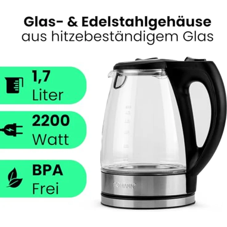 Bomann Glas-Wasserkocher WKS 6032 G CB, 1,7 Liter Füllmenge, Glas--Edelstahlgehäuse, kabellose Technik - leichtes Ein- und Ausgießen, verriegelter Sicherheitsklappdeckel, 360° drehbare Steckverbindung – Bild 3