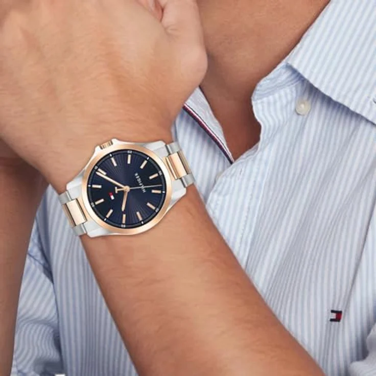 Tommy Hilfiger 1792193, Herren Armbanduhr mit DREI-Zeiger-Quarzwerk, 43mm Edelstahlgehäuse in zweifarbiger Ausführung, marineblaues Zifferblatt, Wasserfest bis 3 ATM – Bild 4