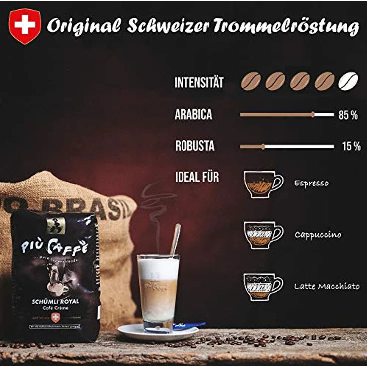 più caffè Café Crème Kaffeebohnen, würzig, kräftig, intensiv und gehaltvoll, Arabica und Robusta, Schweizer Trommelröstung, ganze Bohnen für Vollautomaten Schümli Royal 1 kg – Bild 4