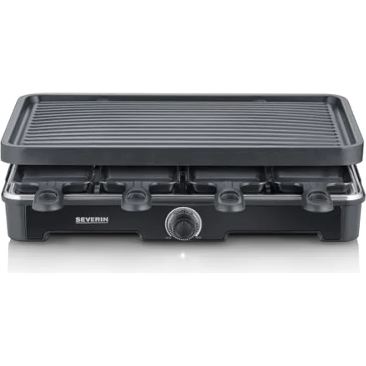 SEVERIN RG 9670 Raclette-Grill, Tischgrill für bis zu 8 Personen, 1.400 W Leistung, schwarz, mit Keramik- & Antihaftbeschichtung und 8 Raclette Pfännchen