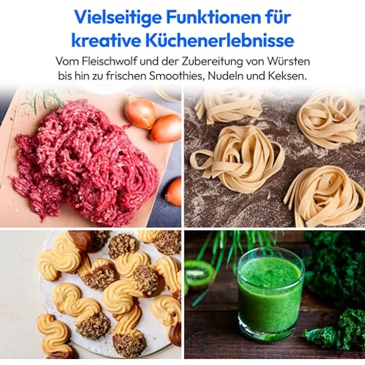 MEDION 4 in 1 Universal Küchenmaschine (1.200 Watt, 8 Stufen, Mischen Kneten Rühren Mixen Fleischwolf, Eisschüssel für Zubereitung von Eis, digitales Display, MD18440) Titan – Bild 4
