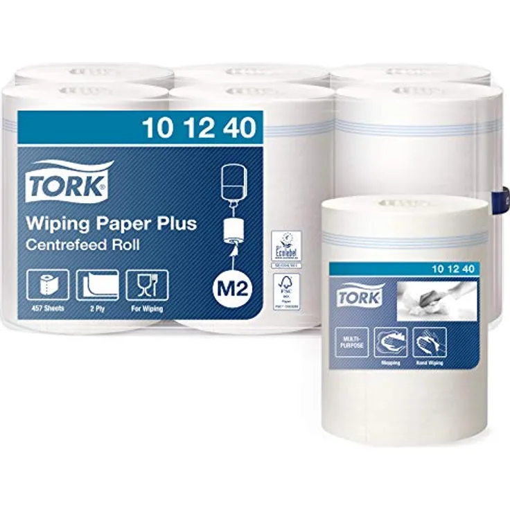 Tork 101240 Starke MehrzweckPapierwischtücher für das M2 Innenabrollung Spendersystem / 2-lagiges stabiles Papier in Weiß, 6 x 160 Meter