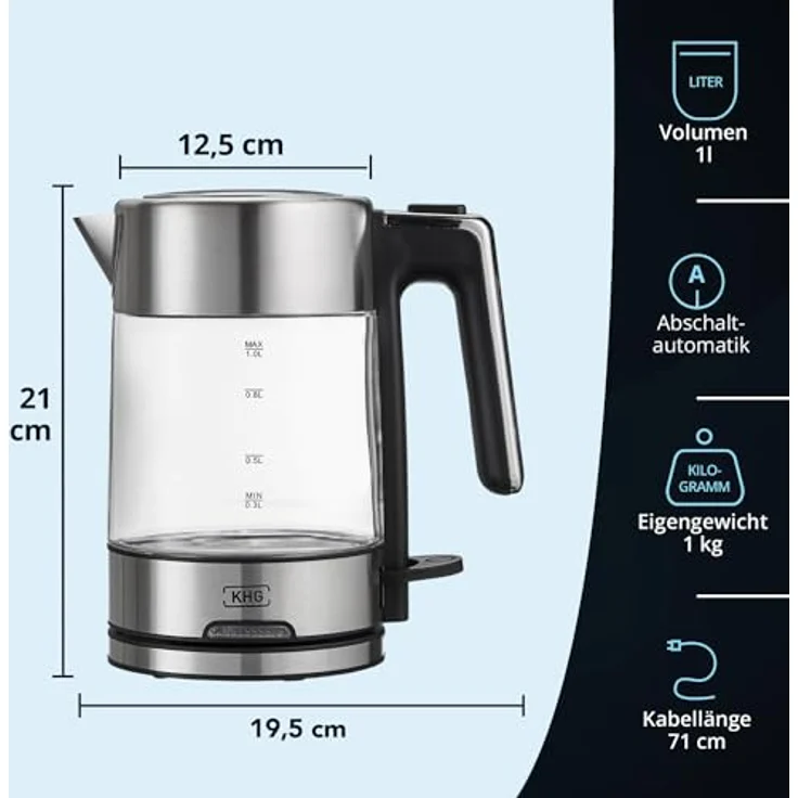 KHG Wasserkocher WK-106 GE, Glas, 1 Liter, 2200 Watt, abwaschbarer Kalkfilter, Wasserstandsanzeige, Trockengehschutz, BPA-frei – Bild 2