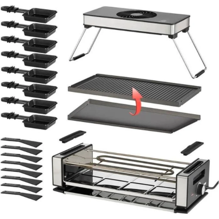 Unold 48785 Raclette Smokeless mit Dunstabzugshaube, 8 Pfännchen, 1200 Watt, antihaftbeschichtet, Grillplatte aus Druckguss-Aluminium, schwarz, edelstahl – Bild 3