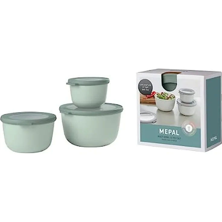 Mepal - Cirqula Multischüssel-Set 3–teilig rund Nordic sage – 500, 1000 und 2000 ml – Verwendbar als Vorratdose, Kühlschrankdose, Gefrierdose, Mikrowellegeschirr & Servierschale mit Deckel