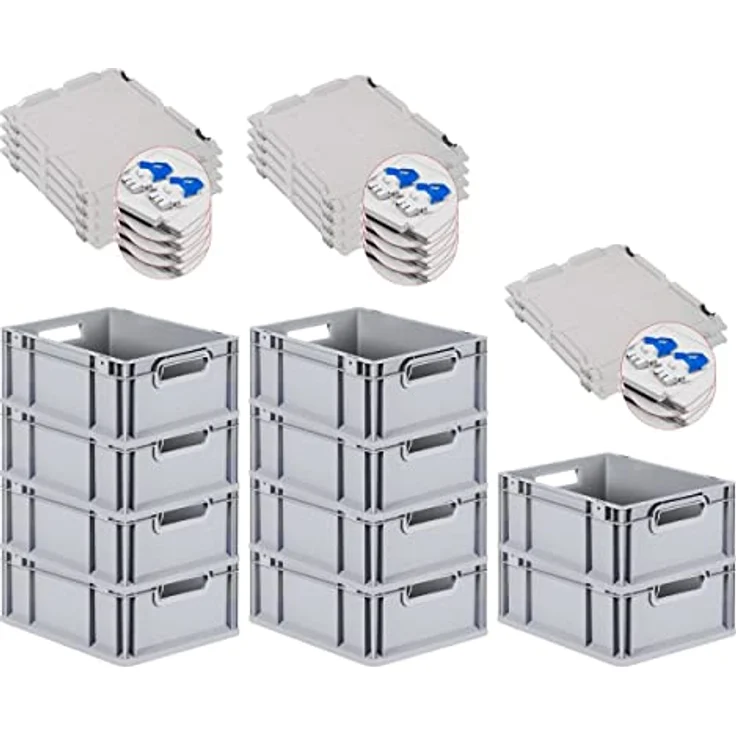 PROREGAL SuperSparSet 10x Eurobox NextGen Grip, 16 L, scharnierdeckel, blaues Schiebeschnappverschlüsse, HxBxT 17x30x40cm, grau, lebensmittelecht, transportabel – Bild 1