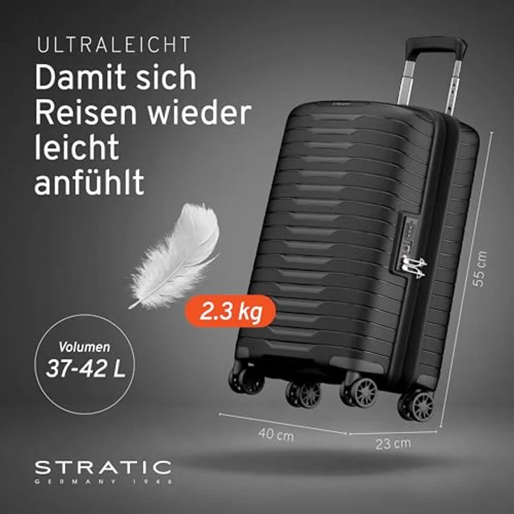 Stratic Novium Kabinentrolley S 55 cm, 4 Rollen mit Dehnfalte, schwarz, 100% Polypropylen – Bild 2