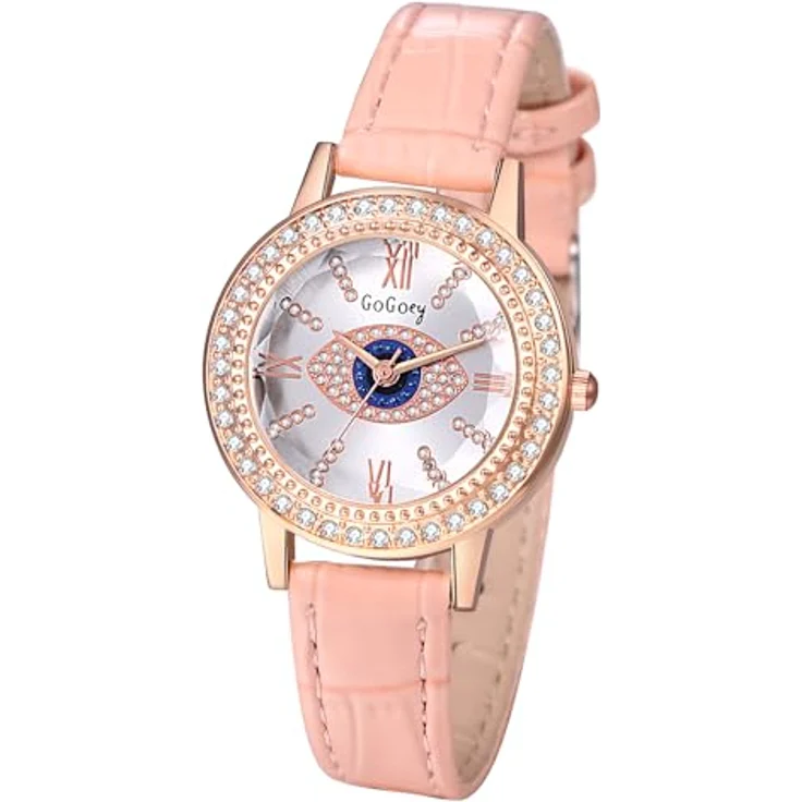 JewelryWe Analog Quarz Armbanduhr Damen, Rosa Leder mit Strass und Bösem Blick, römische Ziffern, Glitzer Design – Bild 1