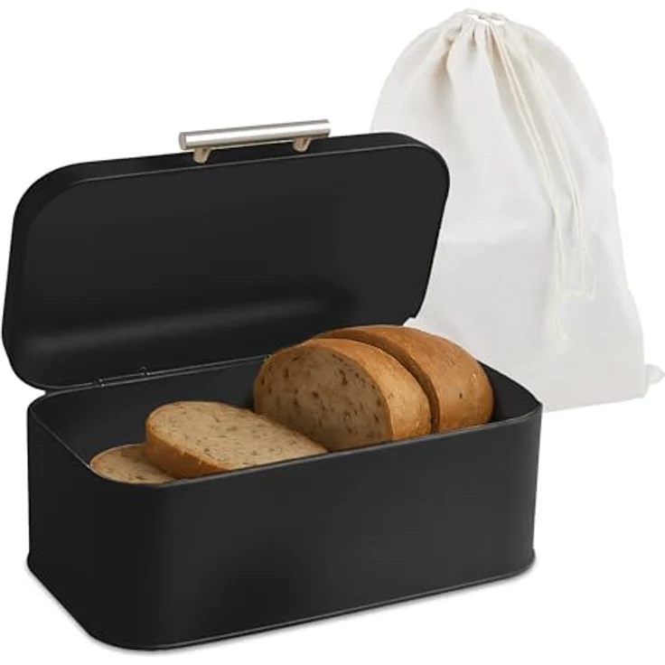 Relaxdays Brotkasten Retro, Brotbox mit Deckel & Griff, schwarz, HBT: 15,5 x 30 x 21 cm, inkl. atmungsaktivem Brotbeutel, Metallgehäuse – Bild 1