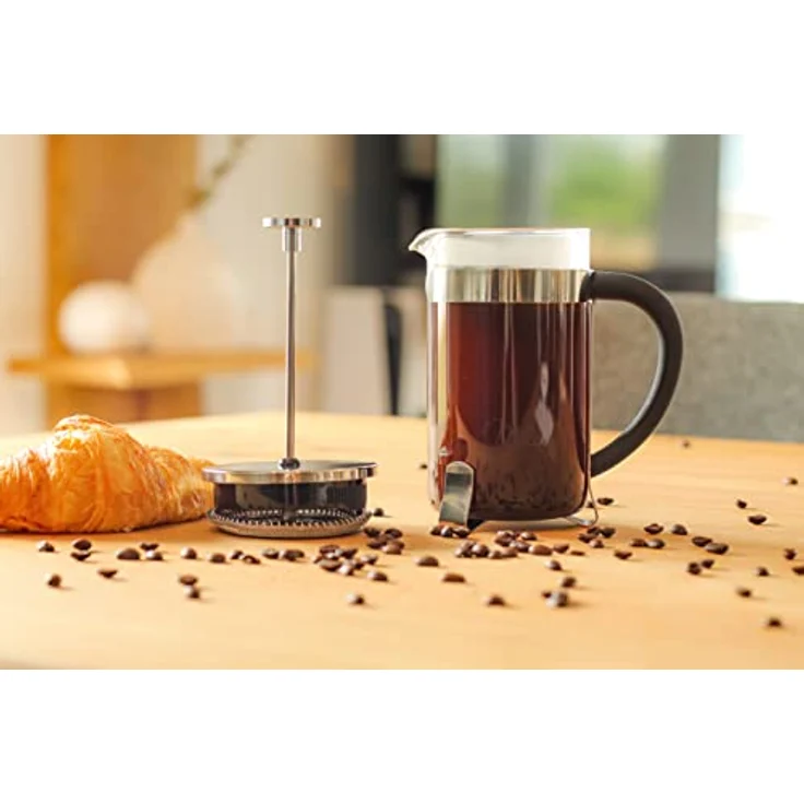Milu French Press Kaffeebereiter | 350ml, 600ml, 1L | Glas Kaffeepresse, Kaffeezubereiter für Zuhause Reisen Camping inkl. Untersetzer, Löffel, Ersatzfilter (Edelstahl, 600ml (3 Tassen) – Bild 3
