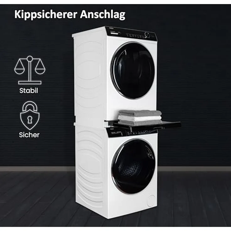 Haier Premium Verbindungsrahmen für Waschmaschinen & Trockner/Schwarz-weiß/Ausziehfläche für Wäschekorb/12 kg Belastbarkeit/Sicherheitsgurt/Wandbefestigung/Passend für Haier Serien 3, 5, 7 & Trockner Serien 5, 7 – Bild 5