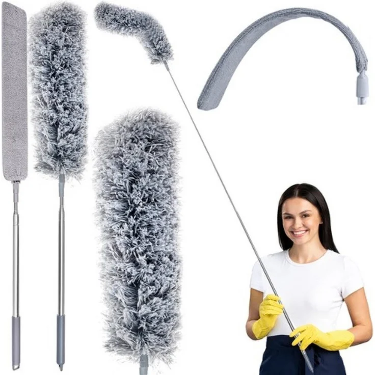 Ruhhy Teleskop Staubwischer Set, Mikrofaser-Reinigungsbürste mit ausziehbarem Edelstahlstiel (84-250 cm) und 2 wechselbaren Bürstenköpfen