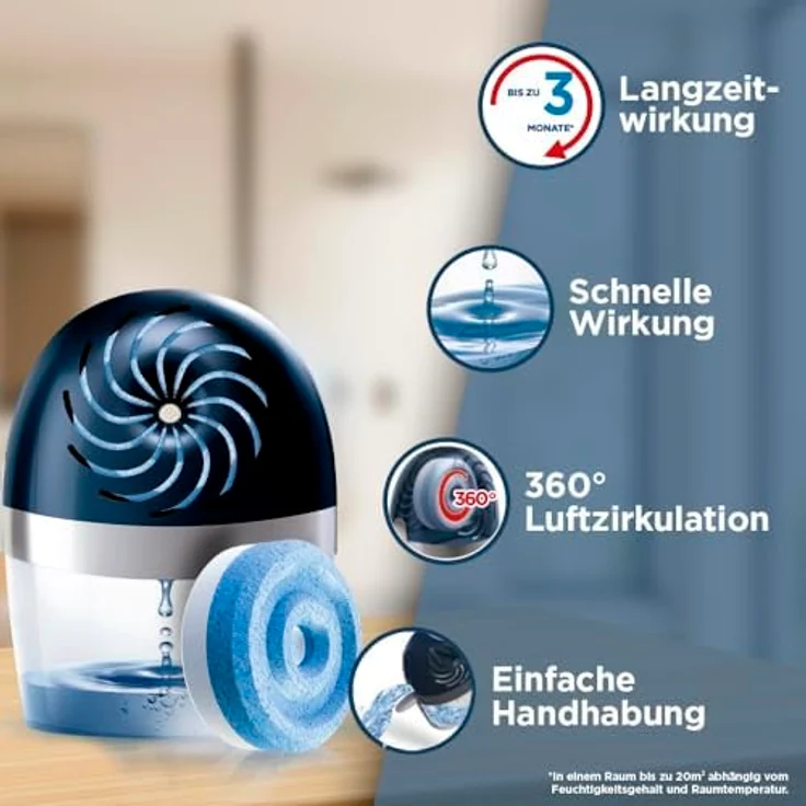 Pattex Stop Feuchtigkeit AERO 360° Luftentfeuchter, hocheffizienter Raumentfeuchter, nachfüllbarer Luftentfeuchter reduziert Feuchtigkeit, Gerüche & Schimmel, 1 Gerät inkl. 450g Tab – Bild 3
