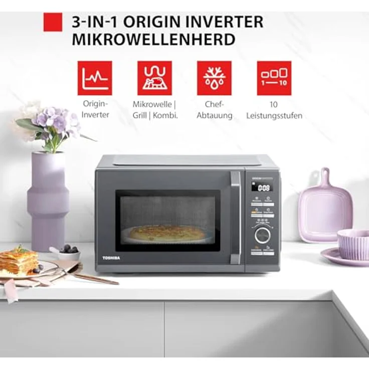 Toshiba MW3-AG25PFI(MG) Mikrowelle 3-in-1 Kombigerät mit Grill- und Backofenfunktion, 25L, 900W Origin-Inverter, 1100W Grill, leise mit 57dB, Morandi-Grau – Bild 3