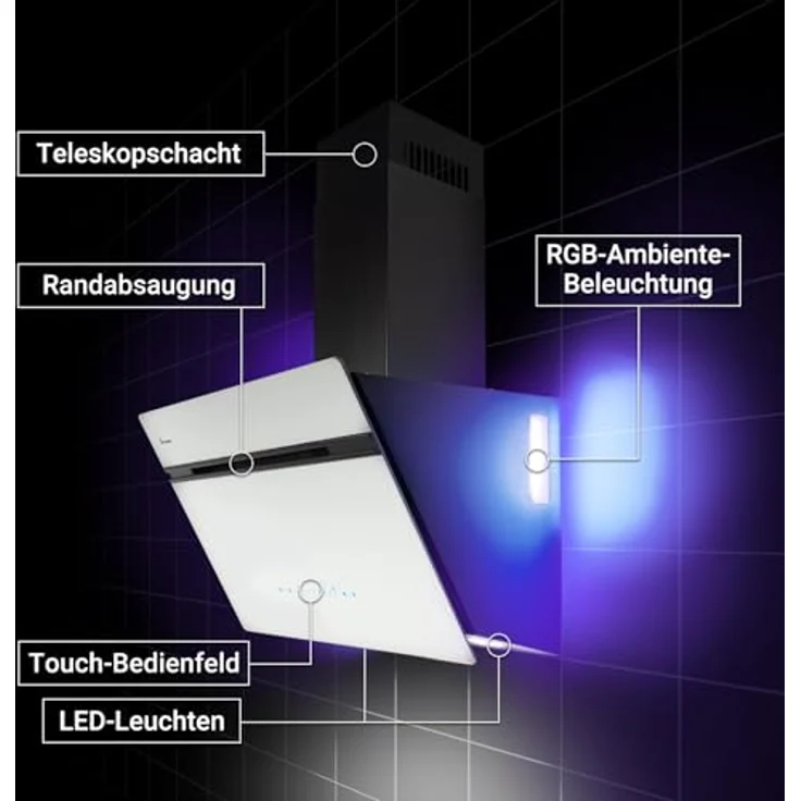 KKT KOLBE AURORA6005SW Dunstabzugshaube, 60 cm, A+++ Energieeffizienz, 782 cbm/h, Umluft/Abluft, Schwarz Weiß Glas, Nachlaufautomatik, Smart WiFi App, SensorTouch, RGBW LED-Beleuchtung – Bild 4