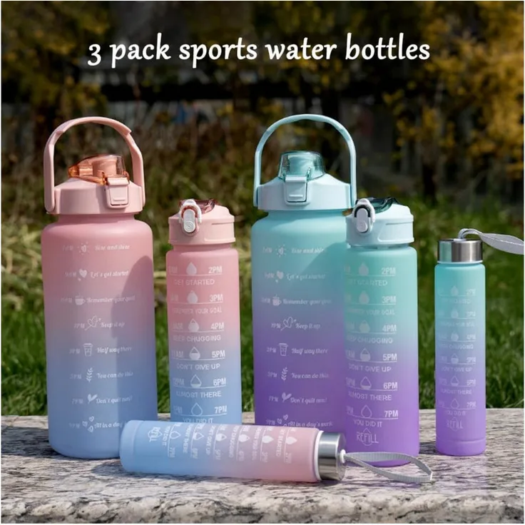 R2 Invest Trinkflasche Set, 3 Stück (2000 ml, 750 ml, 280 ml) mit integriertem Strohhalm, ergonomischem Design und robustem Material