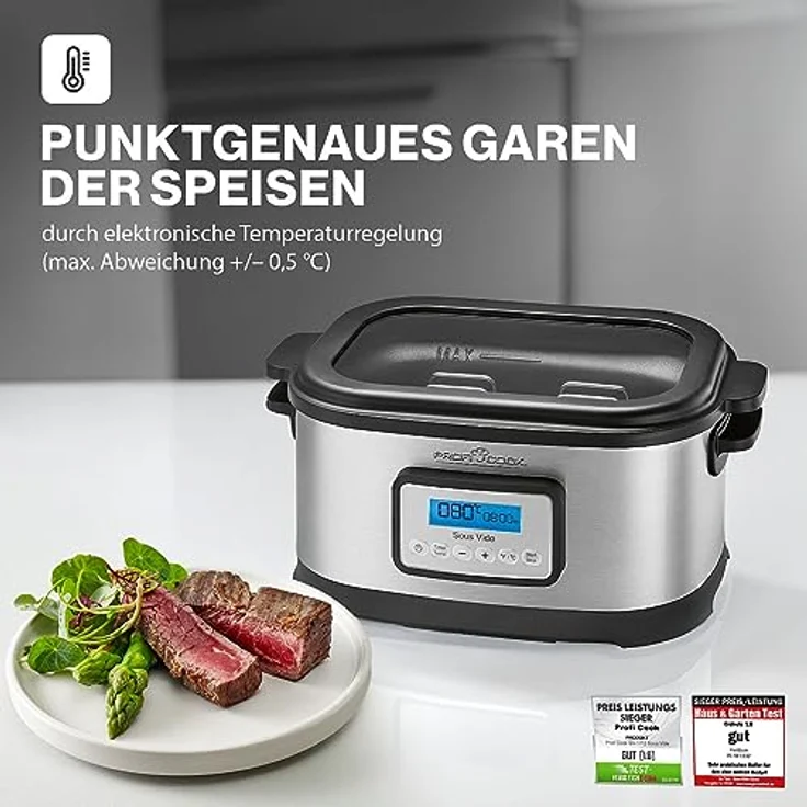 Profi Cook SV-1112 ProfiCook Sous Vide Schongarer Topf und Vakuum für Küche Kochen bei niedrigen Temperaturen, 8,5 l, 520 W, grau-schwarz – Bild 2