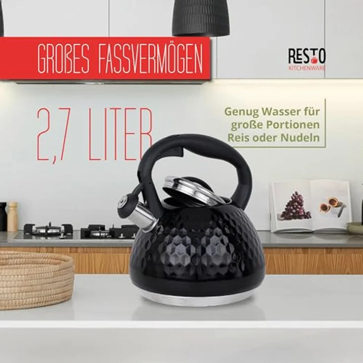 RESTO Flötenkessel, Wasserkessel mit 3D-Design - Pfeifenkessel 2,7 Liter für alle Herdarten (Schwarz) – Bild 3