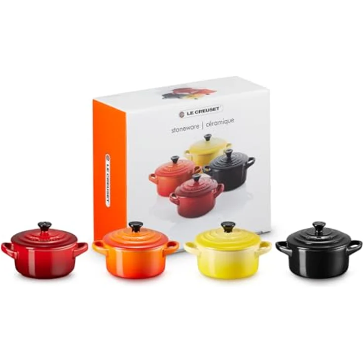 Le Creuset Mini-Cocotte- Bräter-Set, 4-teilig, Rund, Je 200 ml, 10 x 5 cm, Steinzeug, Feuer und Flamme (Gelb-Kirschrot-Ofenrot-Schwarz) – Bild 7
