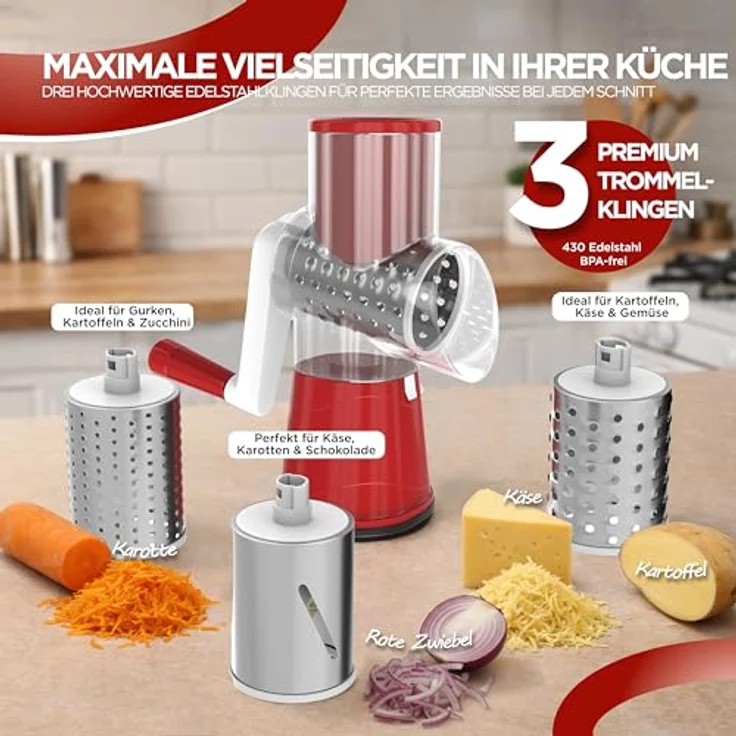BI International Gemüseschneider mit Kurbel, Trommelreibe mit 3 Edelstahl-Klingen, starke Saugfuß-Technologie – Bild 2